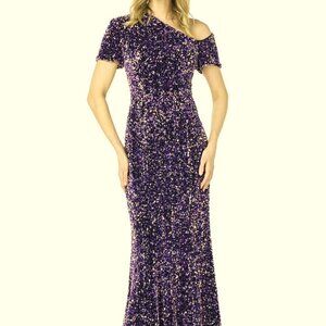 Kay Unger Hutton One Shoulder Black Iridescent Sequin Gown
